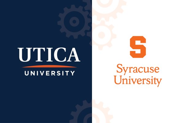 Utica University and Syracuse University logos side by side with gears faded in the middle.